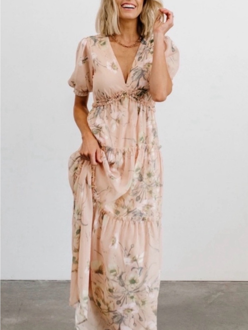 Baltic Born Peach Floral Maxi Dress with Puff Sleeves